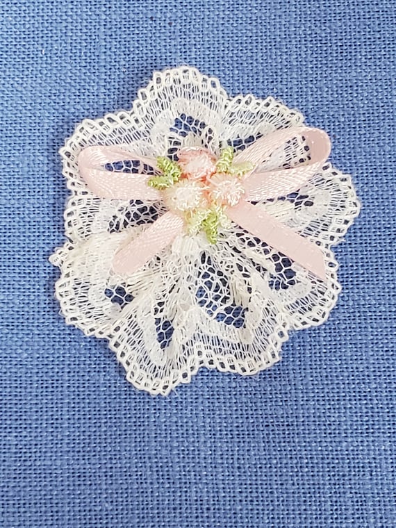 1-1/2 inch Lace Rosette with Satin Bow and Rosebud Embellishment for DIY Sewing and Craft Projects | Choose 6 pcs. or 12 pcs.