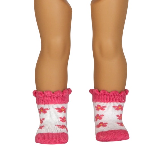 Pink Scallop Socks with Floral Design | Fits Most 18" Girl Dolls and 15" Bitty Dolls | 15 inch and 18 Inch Doll Clothes