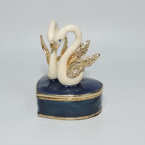 White Swans on Blue Heart Shaped Trinket Box