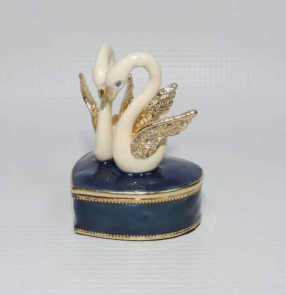 White Swans on Blue Heart Shaped Trinket Box