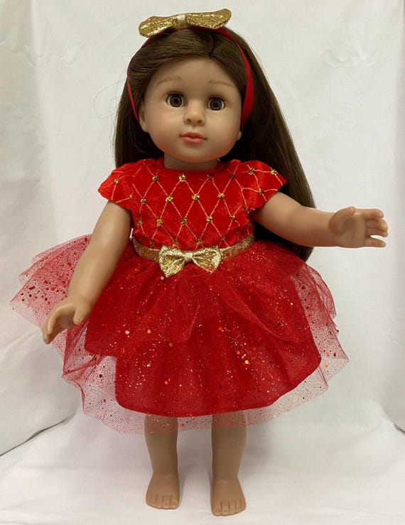 Red Dress with Gold Bow Headband | Fits Most 18" Dolls | 18 Inch Doll Clothes