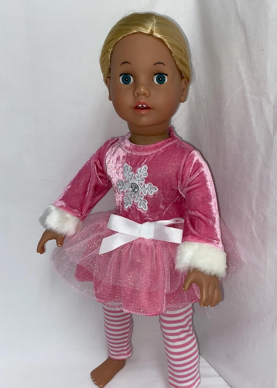Pink and White Holiday Snowflake Top with Stripped Legging | Fits Most 18" Dolls | 18 Inch Doll Clothes
