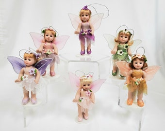 Set of 6 - 5" Porcelain Fairy Dolls with Stand and Ornament Hanger