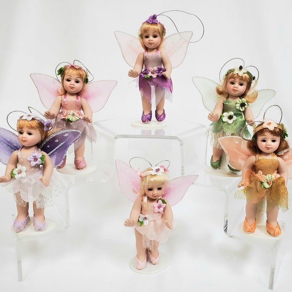 Set of 6 - 5" Porcelain Fairy Dolls with Stand and Ornament Hanger
