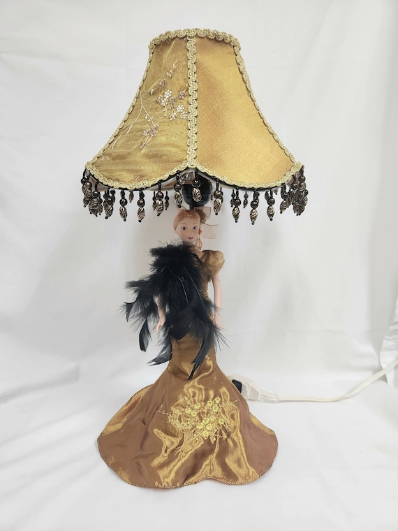 Hand Beaded Parlor Lamp with Porcelain Doll