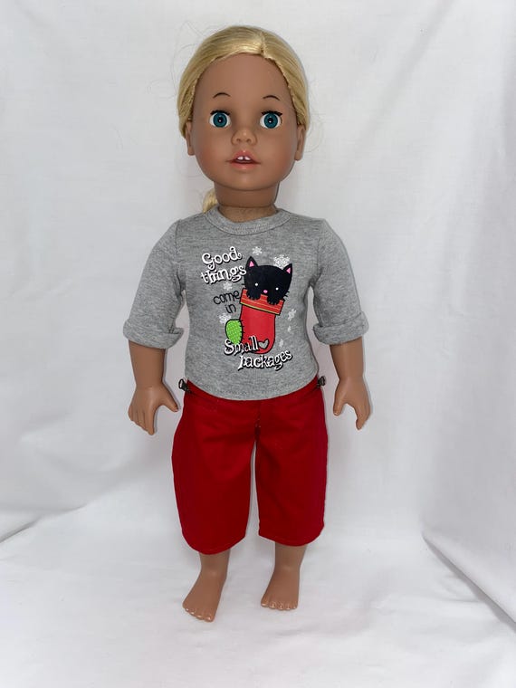 Holiday Tee with Kitty in a Stocking with Red Cargo Pants | Fits Most 18" Dolls | 18 Inch Doll Clothes