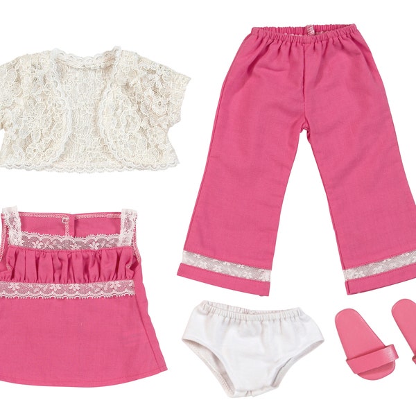 Pink Pajamas with Lace Jacket and Slippers | Fits Most 18" Girl Dolls | 18 Inch Doll Clothes