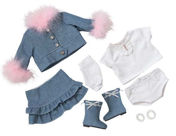 Feather Trim Denim Jacket with Skirt & Boots  | Fits Most 15" Baby Dolls | 15 Inch Doll Clothes