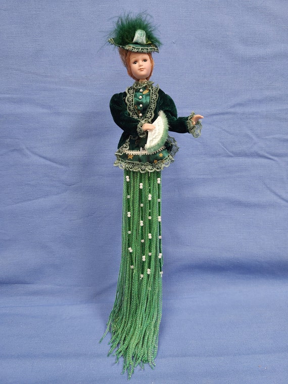 15" Porcelain Victorian Doll with Tassel Skirt on Pedestal Stand - Choose from 6 Colors