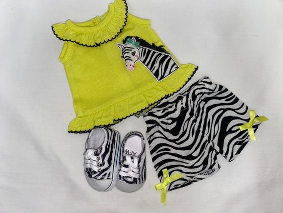Yellow Zebra Shorts Set with Zebra Shoes | Fits Most 18" Girl Dolls | 18 Inch Doll Clothes