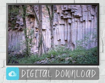 May include: A photograph of a rock formation with tall, vertical columns. The rock is a light grey colour and is surrounded by green trees and foliage.