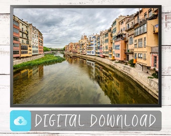 Girona's Onyar River Print: Colorful Houses and Urban Charm - DIGITAL PRINT, Downloadable Fine Art Photography