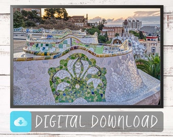 Park Güell Colourful Mosaic Benches DIGITAL DOWNLOAD - by Antoni Gaudí, Barcelona, Catalonia Travel Poster