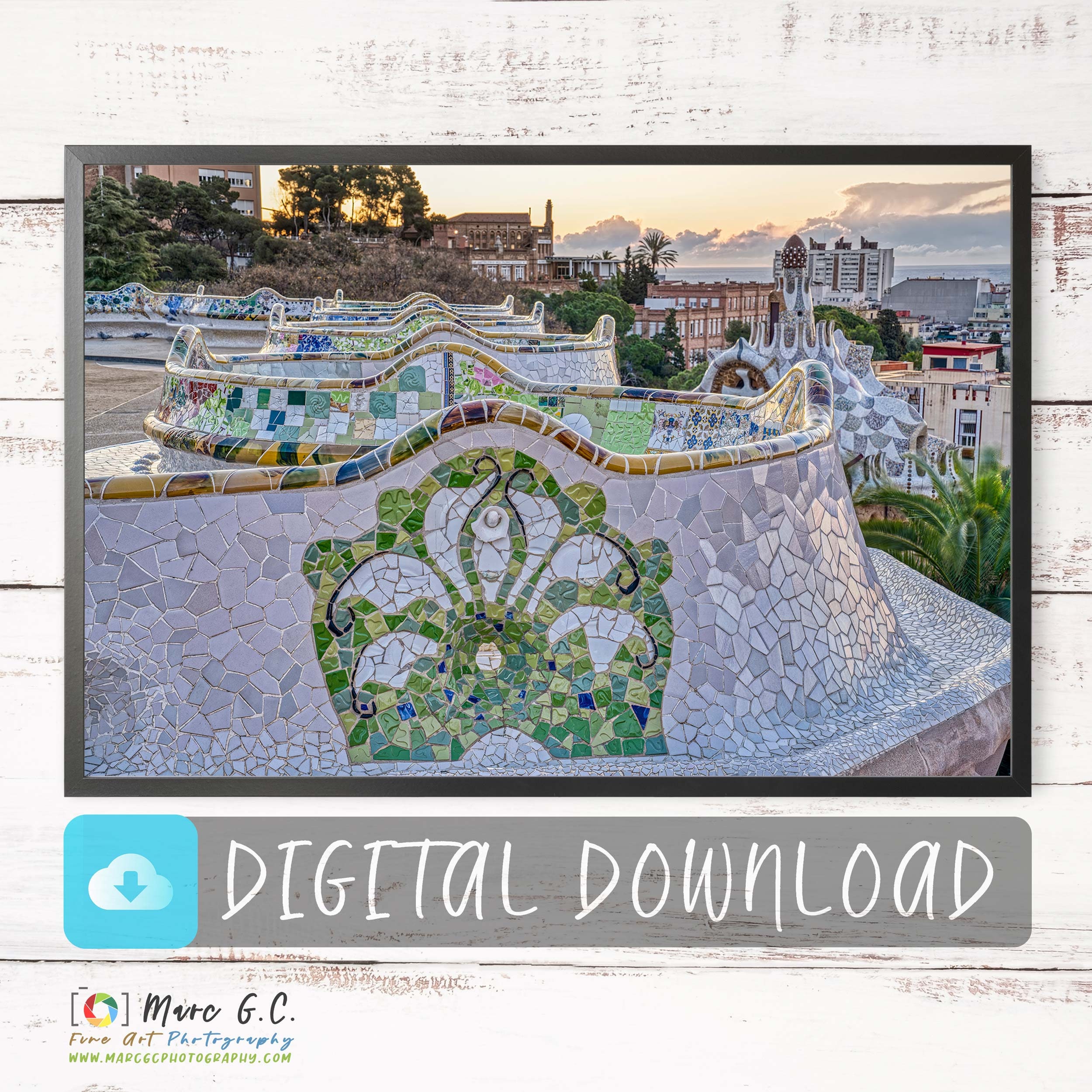 Park Güell Colourful Mosaic Benches DIGITAL DOWNLOAD - by Antoni Gaudí, Barcelona, Catalonia Travel Poster