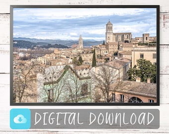 Girona Medieval Cathedral And Old Town Poster, Catalonia Prints, Spain Wall Art - DIGITAL PRINT, Downloadable Photography