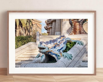 Antoni Gaudi's Dragon / Lizard of Park Guell, Barcelona DIGITAL PRINT, Catalonia, Spain Travel Poster