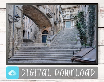Girona Old Town Travel Poster: Medieval Sant Domènec Stone Staircase - DIGITAL PRINT from Catalonia, Printable Wall Art.