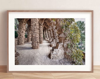 Park Güell Barcelona Travel Poster: Gaudí Print of Stone Archways - Fine Art Photography, Downloadable Catalonia Decor