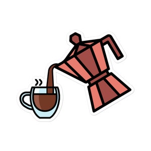Könnte beinhalten: Eine rot-weiß gestreifte Kaffeekanne gießt Kaffee in eine klare Glas Tasse. Die Kaffeekanne hat einen schwarzen Griff und Ausguss. Die Tasse hat einen schwarzen Rand und Griff.