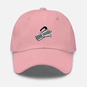 May include: A pink baseball cap with an embroidered image of a silver moka pot.