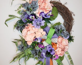 Peach and Purple Hydrangea Grapevine Wreath. Summer never looked so good on your front door!