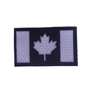 Canada Flag Reflective Patch- 8x5cm Hook and Loop - Black Patch with White Reflective- Canadian Maple Leaf