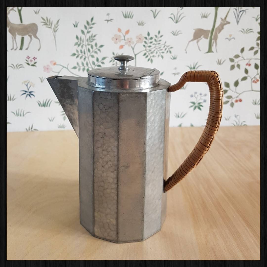 Vintage Knighthood Old English Pewter Coffee Pot With Bamboo Woven