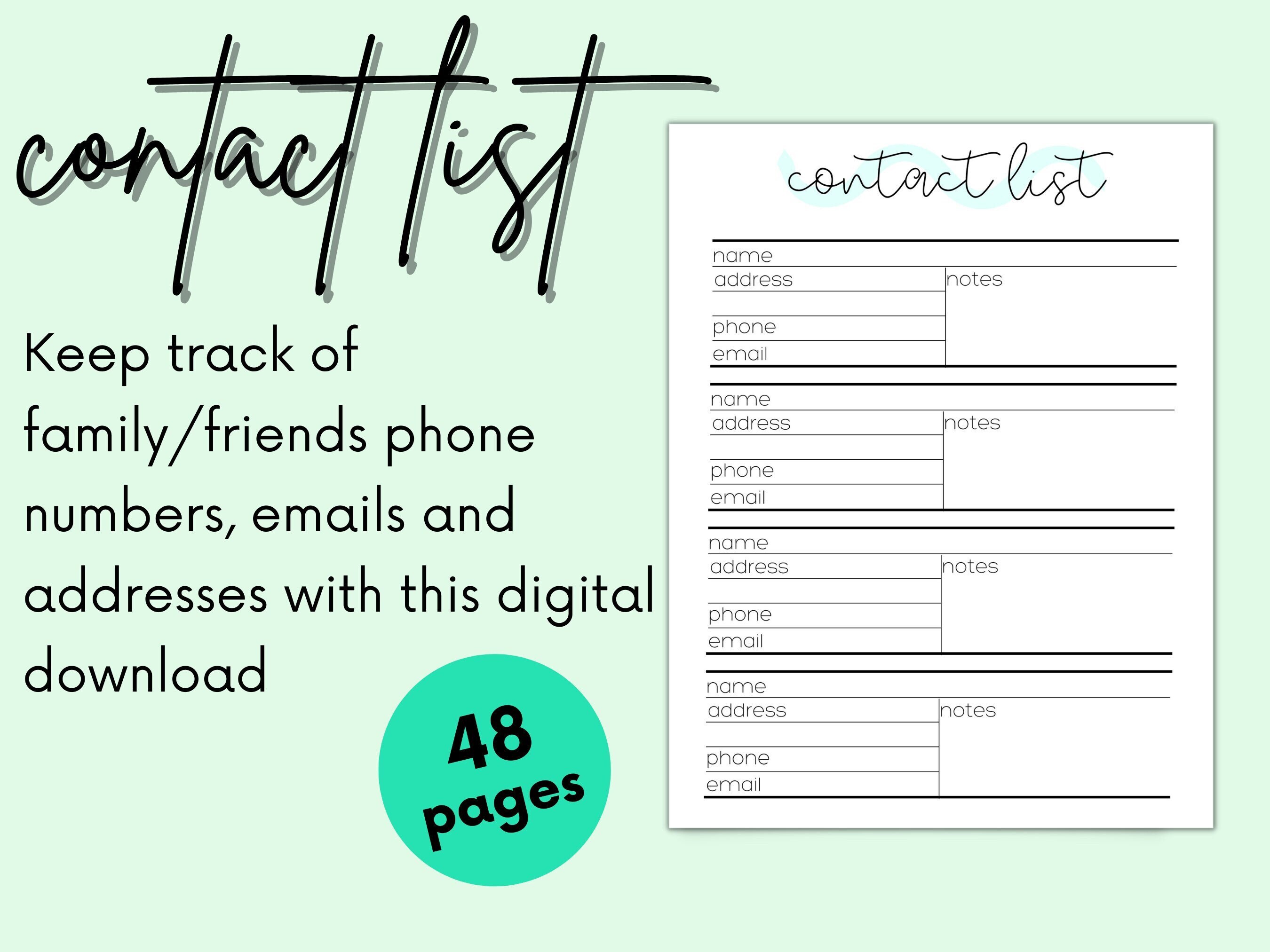 Contact List Printable Contact List Contact List Template - Etsy