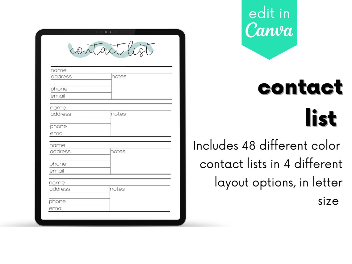 Contact List Printable Contact List Contact List Template - Etsy