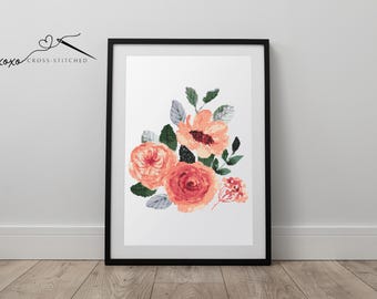 Könnte beinhalten: Ein gerahmter Druck eines Aquarells mit einem Strauß Pfirsich- und Korallenfarbener Blumen mit grünen Blättern.