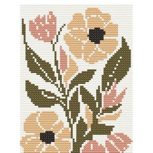 May include: Cross stitch pattern for a flower bouquet with pink and peach flowers and green leaves. The design is 62 stitches wide and 91 stitches tall.