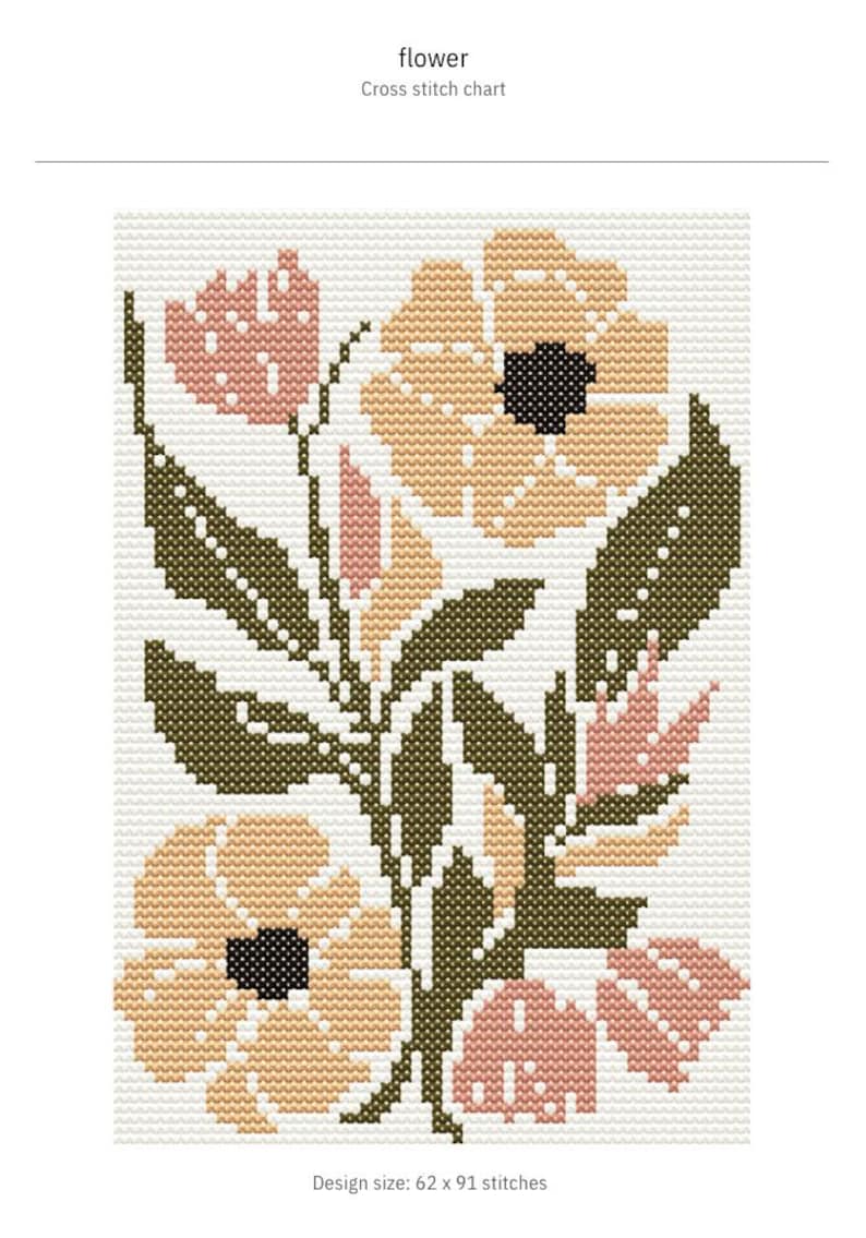 May include: Cross stitch pattern for a flower bouquet with pink and peach flowers and green leaves. The design is 62 stitches wide and 91 stitches tall.