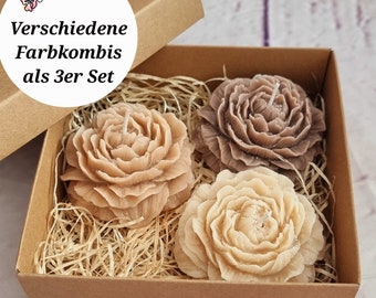 Peony kaars, set van 3, handgemaakte kaarsenset Peony/rozenkaars, bloem, gastgeschenken, bruiloft, decoratie, rozenkaars, cadeau-idee,