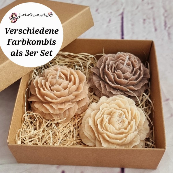 Pfingstrosen Kerze, 3er Set, Handmade Kerzenset Peony/rose candle, Blume, Gastgeschenke, Hochzeit, Dekoration, Rosen Kerze,  Geschenkidee,