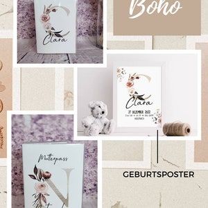 U-Heft Hülle mit Namen und Buchstaben im Boho Vintage Style personalisiert auch als Mutterpass erhältlich und Geburtsposter A4
