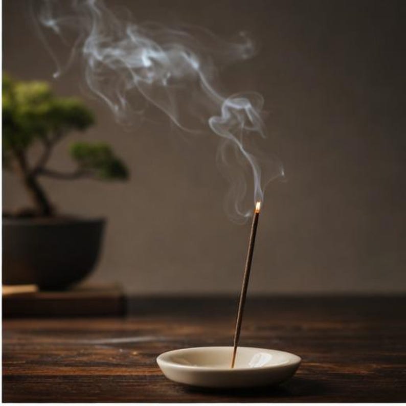 May include: A burning incense stick in a small, cream-coloured ceramic dish, releasing trails of white smoke. A bonsai tree is in the background, on a wooden surface. The image creates a sense of calm and relaxation.