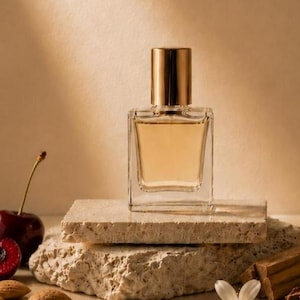 May include: A clear glass perfume bottle with a gold cap containing a light amber liquid. The bottle sits on a rectangular stone block, accompanied by a dark red cherry, a halved cherry, almond shells, and cinnamon sticks nearby.