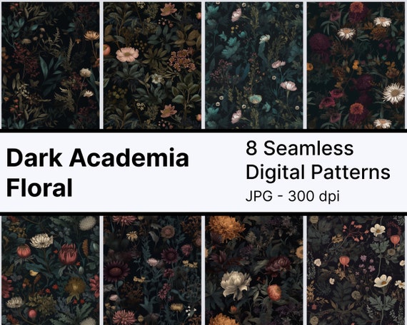 Dark Academia Floral Seamless Patterns | Moody Vintage Botanical Digital Paper (8 JPG Files)