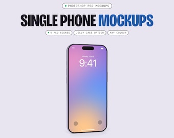 May include: A smartphone mockup featuring a gradient purple, blue, and orange screen display with the time 9:41. Text above reads: PHOTOSHOP PSD MOCKUPS, SINGLE PHONE MOCKUPS, 4 PSD SCENES, JELLY CASE OPTION, ANY COLOUR.