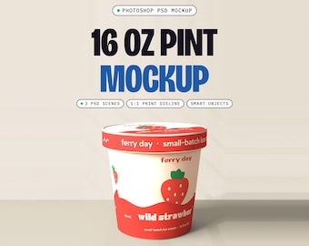 Ice Cream Pint Mockup PSD, 16 oz Paper Pint, 3 Scenes, Curved Label Dieline Included (Digital Download)