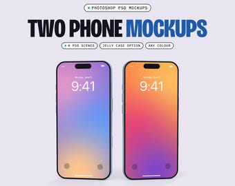 May include: Two smartphone mockups featuring gradient screens with the time 9:41 and date Monday, June 9. Text reads: PHOTOSHOP PSD MOCKUPS, TWO PHONE MOCKUPS, 4 PSD SCENES, JELLY CASE OPTION, ANY COLOUR. The devices have black frames and rounded corners.
