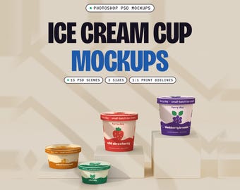 Ice Cream Cup Mockup Bundle PSD, 15 Scenes, Pint, Half-Pint and 4 oz Cups, Curved Label Dielines (Digital Download)