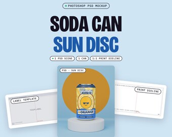 12 oz Soda Can Mockup PSD, Sun Disc Scene, Real 3D Condensation, Sky Blue and Orange, Label Template (Digital Download)