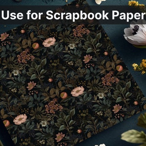 Może przedstawiać: Ciemny wz&oacute;r kwiatowy z r&oacute;żowymi kwiatami, zielonymi liśćmi i brązowymi akcentami na czarnym tle. Tekst "Use for Scrapbook Paper" znajduje się w g&oacute;rnej części obrazu.