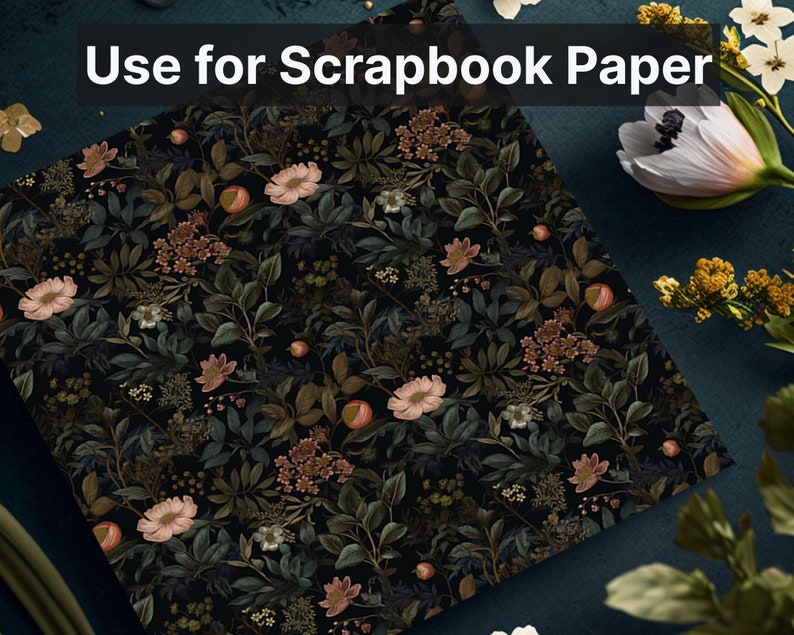 Może przedstawiać: Ciemny wz&oacute;r kwiatowy z r&oacute;żowymi kwiatami, zielonymi liśćmi i brązowymi akcentami na czarnym tle. Tekst "Use for Scrapbook Paper" znajduje się w g&oacute;rnej części obrazu.