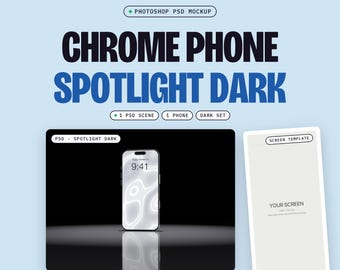 Chrome Phone Mockup PSD, Spotlight Dark, One Phone on a Black Mirror Floor, Floor Reflection, Smart Object Screen (Digital Download)