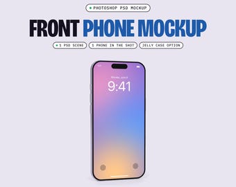 Phone Mockup PSD, Front View, 1 Scene, Smart Object Screen, Optional Jelly Case (Digital Download)