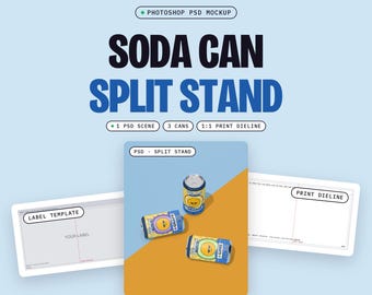 3 Can Mockup PSD, Two 12 oz Soda Cans Lying and One Standing on a Split Floor, Overhead View, Condensation (Digital Download)