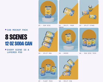 Soda Can Mockup PSD Pack, 8 Scenes, 12 oz Can with Real 3D Condensation, Label Template (Digital Download)