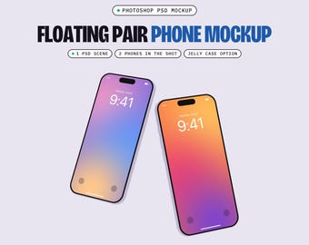 Two Floating Phones Mockup PSD, 1 Scene, Smart Object Screen, Optional Jelly Case (Digital Download)